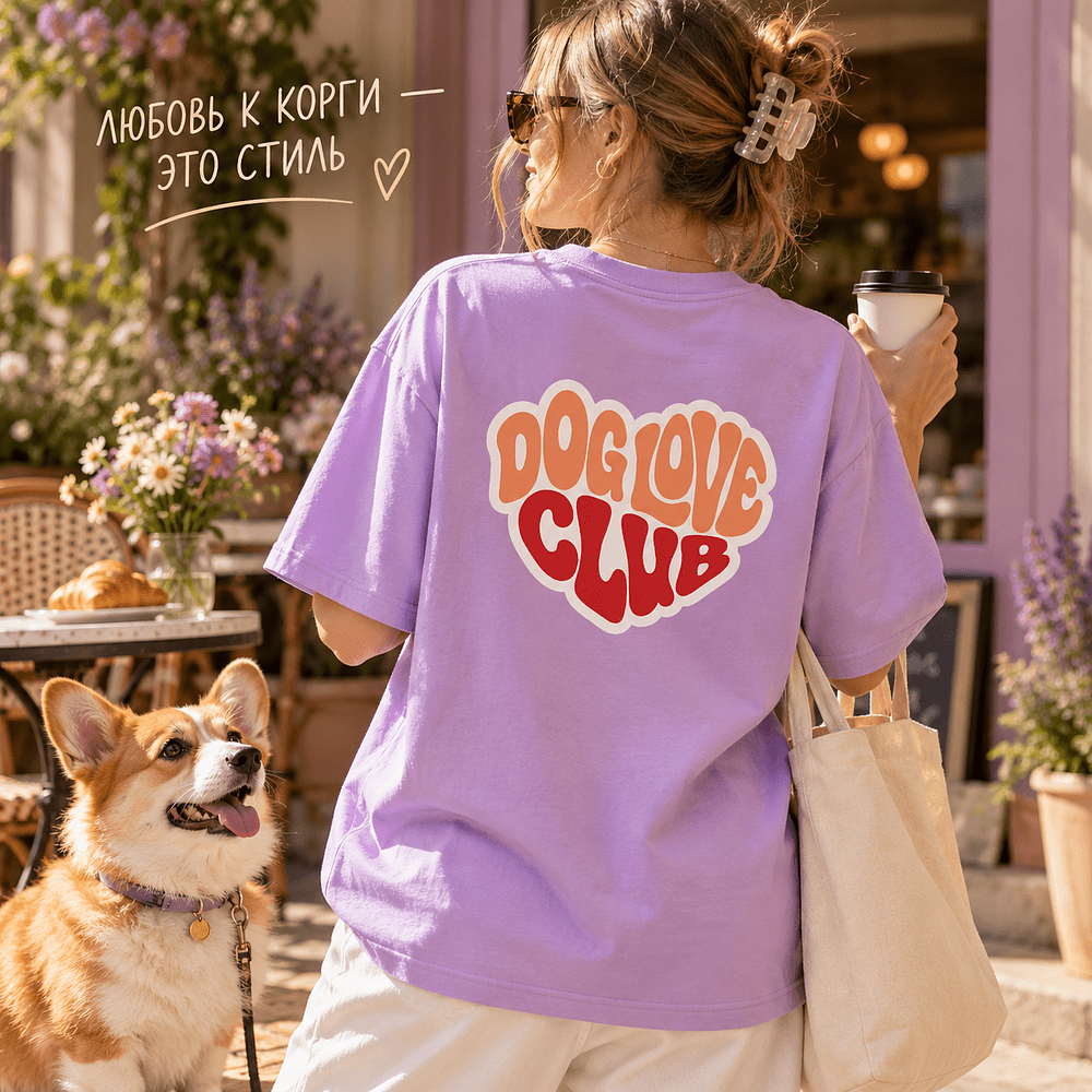 Футболка унисекс "Корги. Dog love club", XS-S, хлопок, оверсайз, лавандовый - 4