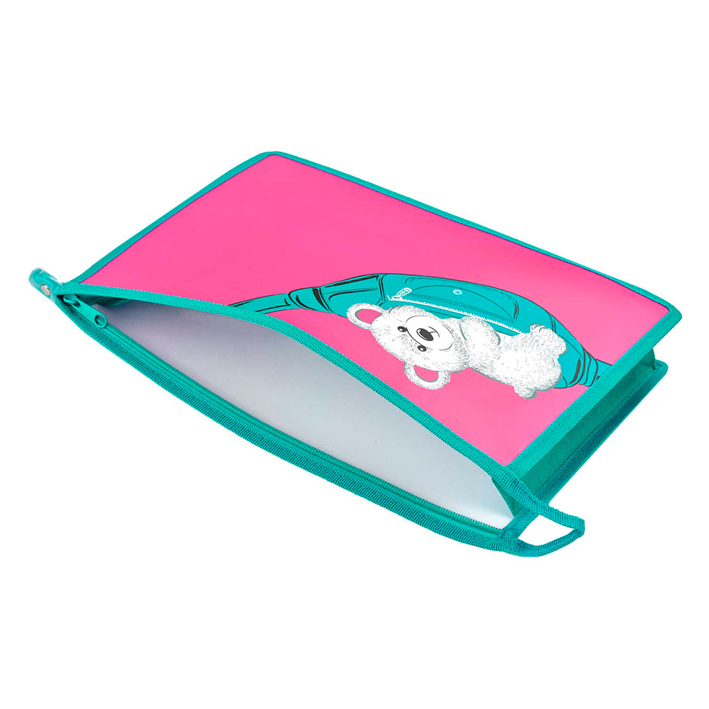Папка для тетрадей "Мишка на сумке", А4, на молнии, пластик, розовый, бирюзовый - 3