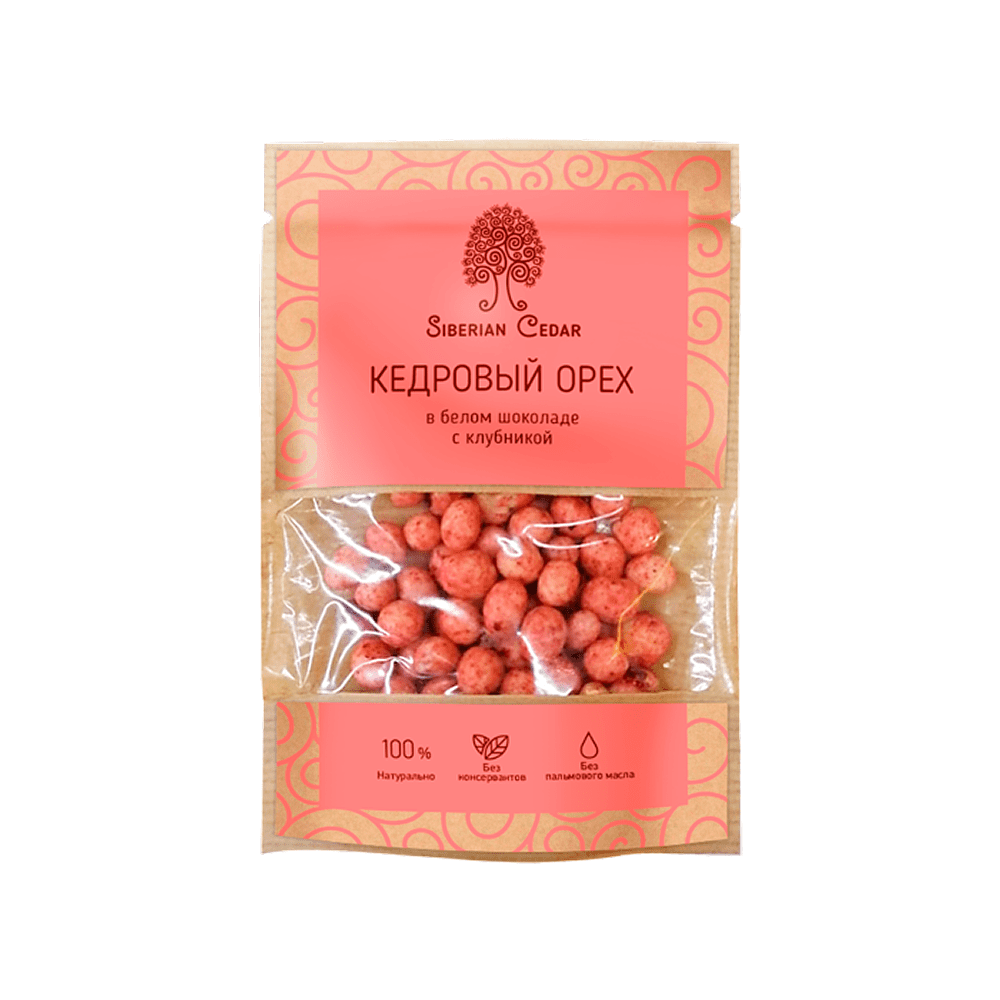 Конфеты "Сибирский кедр", ядро кедрового ореха в белом шоколаде с клубникой, 60 гр.