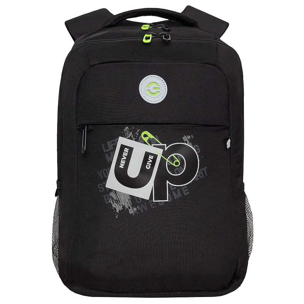 Рюкзак школьный "Never give up" с карманом для ноутбука, черный, салатовый