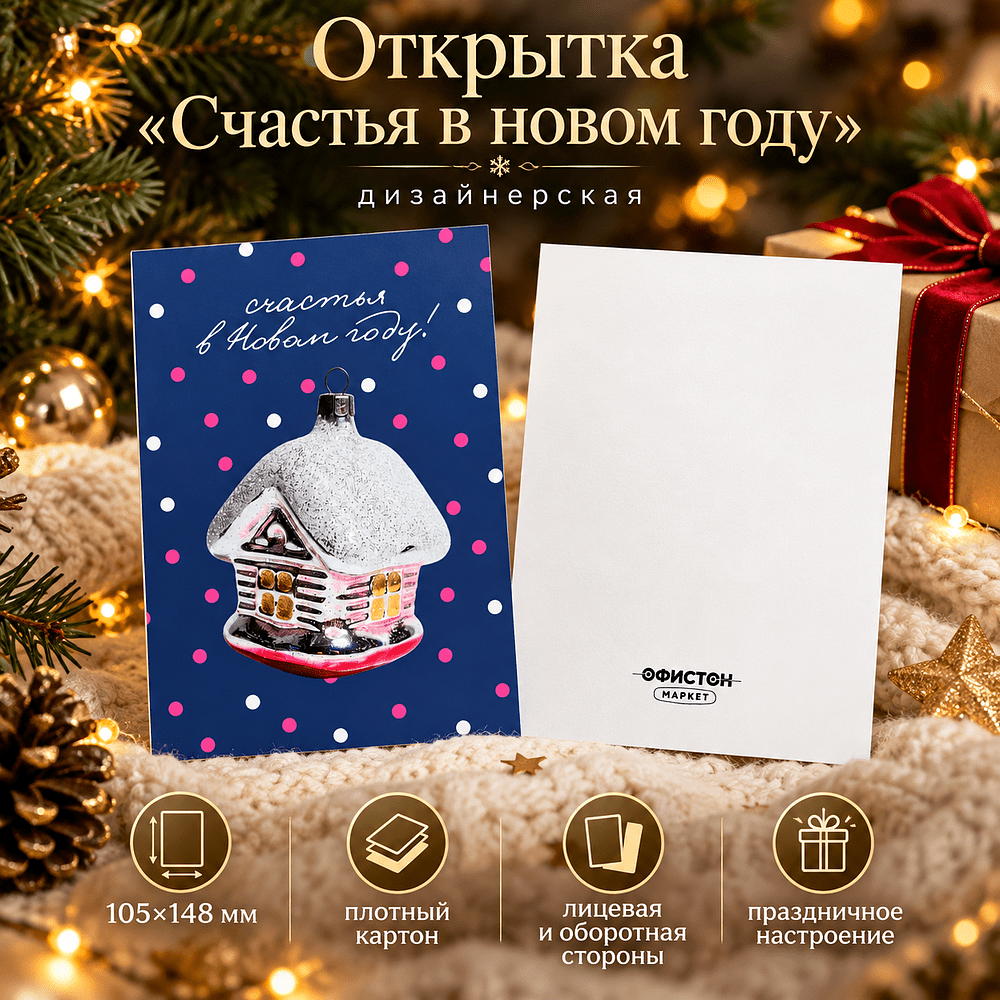 Открытка "Счастья в новом году", 148х105 мм, дизайнерская