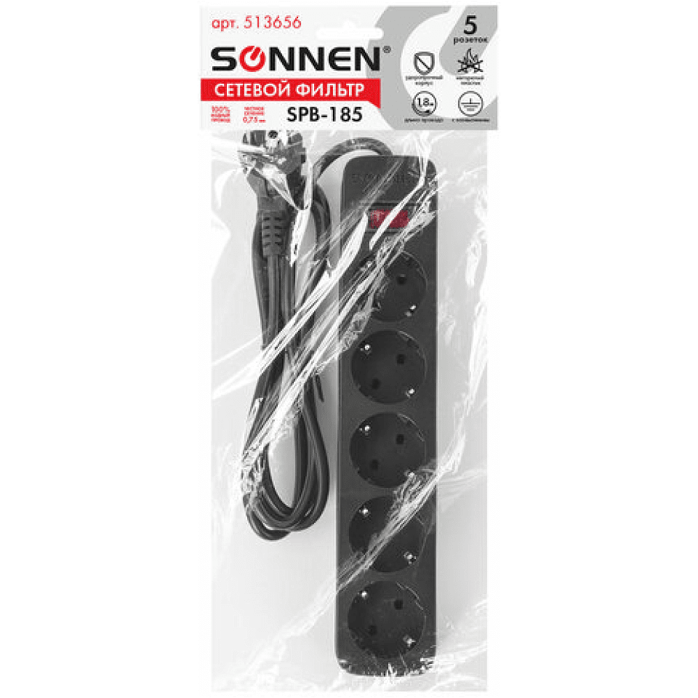 Сетевой фильтр Sonnen SPB-185, 1.8м, 5 розеток, черный - 8