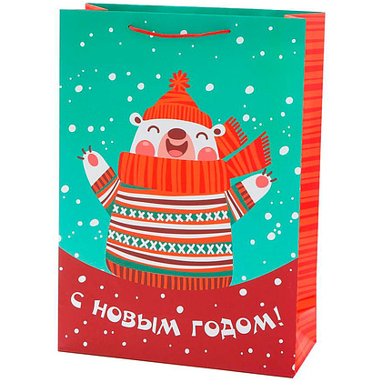 Пакет бумажный подарочный "Мишка", 33x45.7x12.7 см, разноцветный, красный