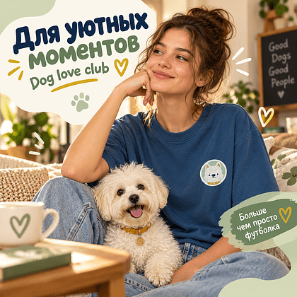 Футболка унисекс "Болонка. Dog love club", XS-S, хлопок, оверсайз, джинсовый - 2