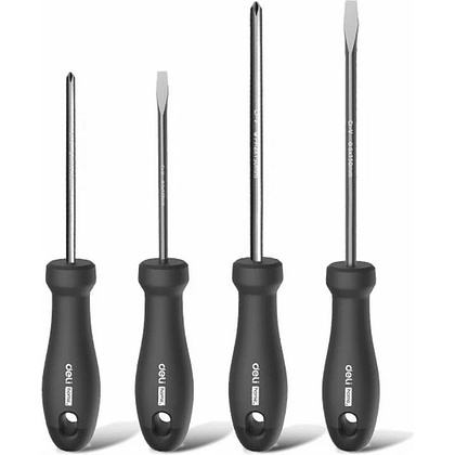 Набор отверток Deli HS HT1004, 4 шт. (PH1х100,PH2х150,SL5х100, SL6х150), Soft Touch, черный