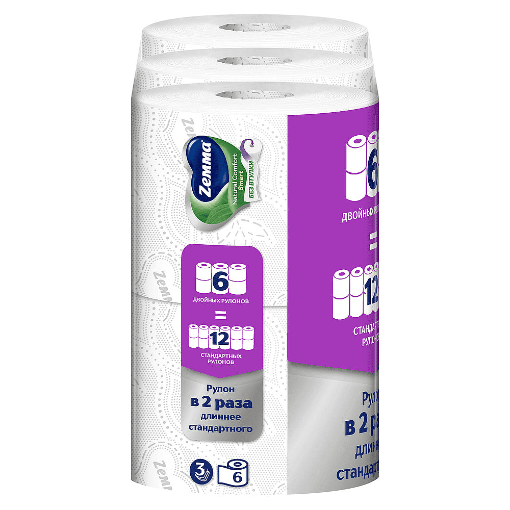 Бумага туалетная Zemma Natural Comfort Smart, 6 рулонов, 3 слоя, белый - 5