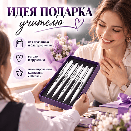 Набор ручек шариковых автоматических "Любимому учителю" Dart Polished, 1.0 мм, пластик, белый, стерж. синий, 5 шт, в подарочной фиолетовой коробке  - 2