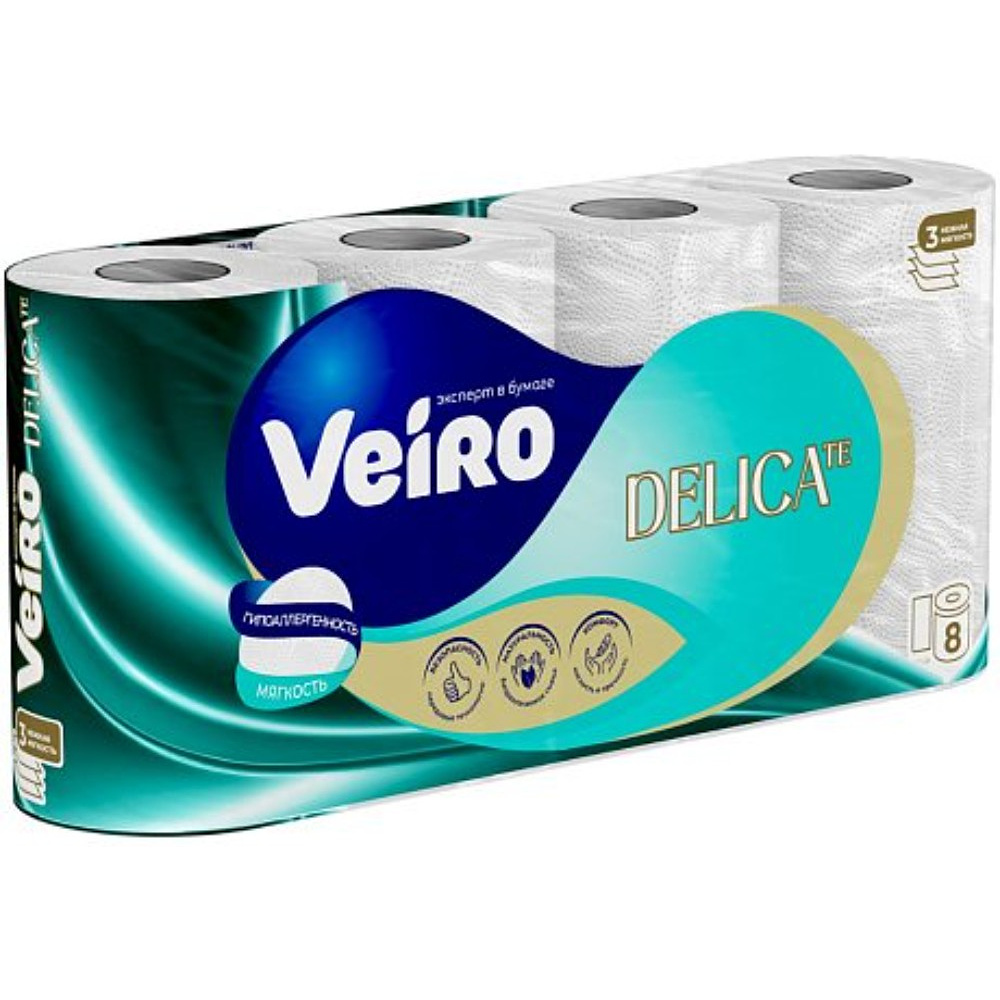 Бумага туалетная Veiro Delicate, 8 рулонов, 3 слоя, белый  - 2