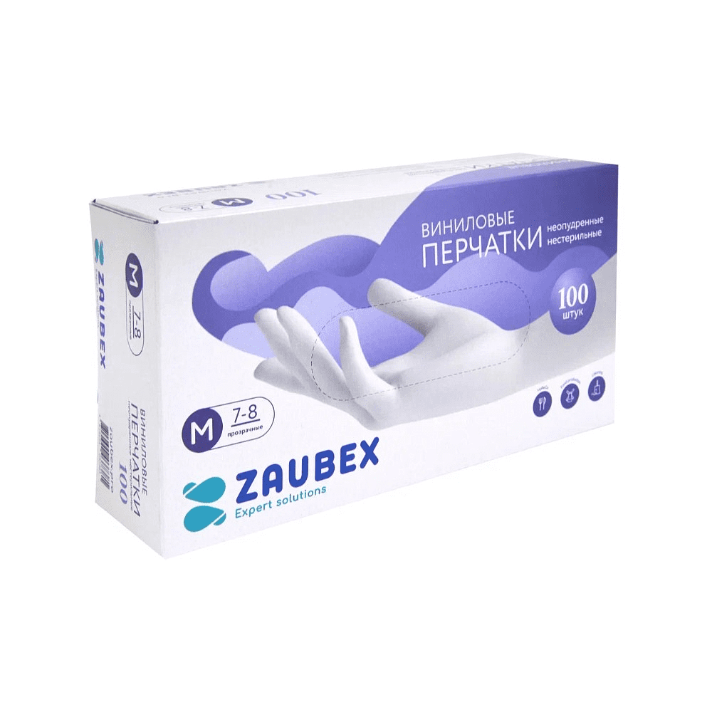 Перчатки виниловые Zaubex, одноразовые, р-р M, 100 шт/уп, прозрачный, -30% - 3