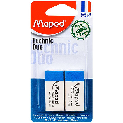 Ластик Maped "Technic Duo", 2 шт, белый, голубой, блистер, -30%