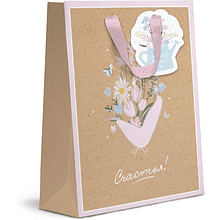 Пакет бумажный подарочный "Spring Flowers", 18х23х10 см, крафт, ассорти
