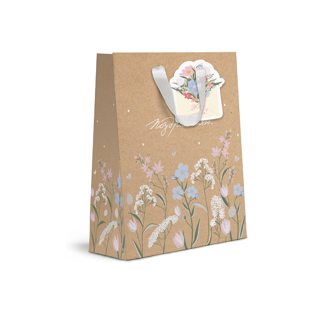 Пакет бумажный подарочный "Spring Flowers", 26.5х32х12.5 см, крафт, ассорти - 2