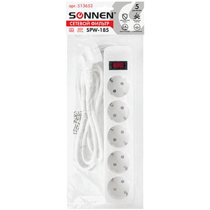 Сетевой фильтр Sonnen SPW-185, 1.8 м, 5 розеток, белый - 8