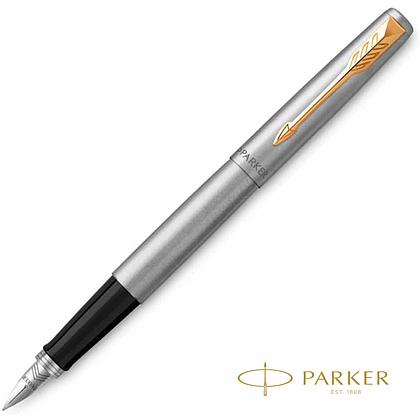 Ручка перьевая "Parker Jotter Stainless Steel CT", F, серебристый, золотистый, патрон синий