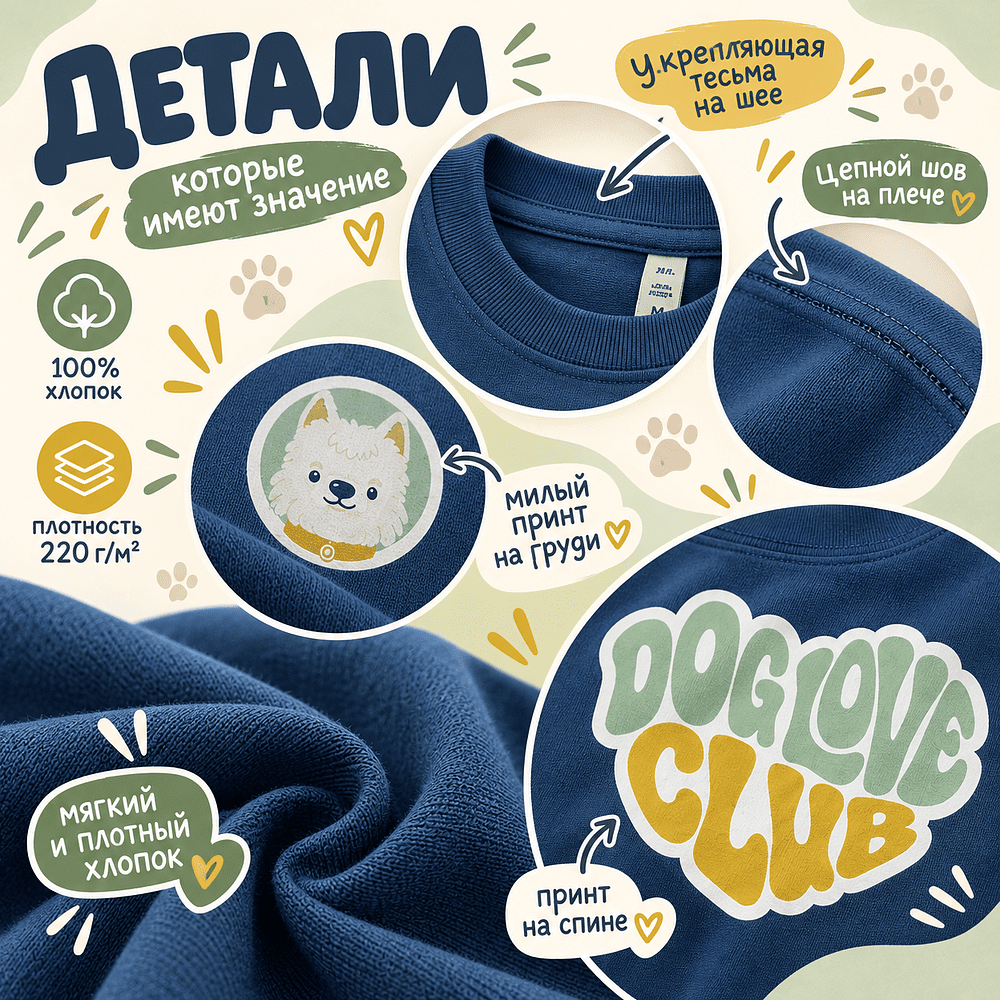 Футболка унисекс "Болонка. Dog love club", XS-S, хлопок, оверсайз, джинсовый - 3