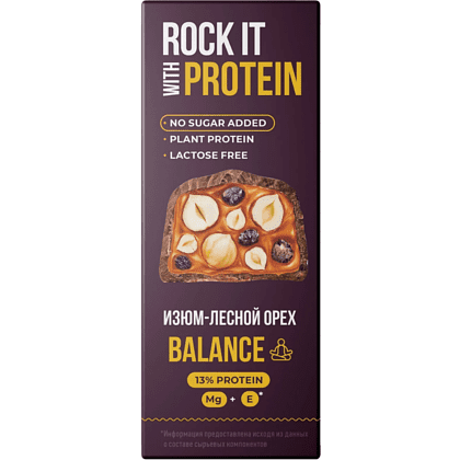 Батончик протеиновый "Rock it with", лесной орех и изюм, 40 гр