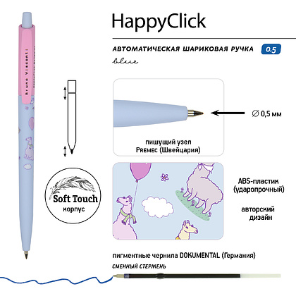 Ручка шариковая автоматическая "HappyClick. Sweet Animals. Ламы в облачках", 0.5 мм, голубой, розовый, стерж. синий - 2