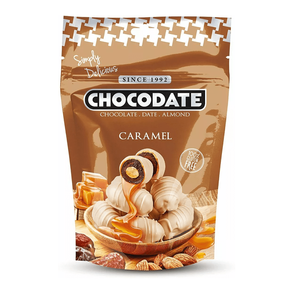 Финики "Chocodate", 100 гр.,  с миндалем и карамелью в сочетании белого и молочного шоколада