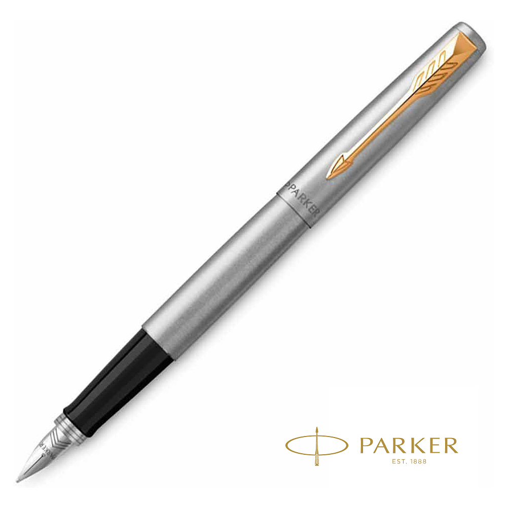 Ручка перьевая "Parker Jotter Stainless Steel CT", F, серебристый, золотистый, патрон синий
