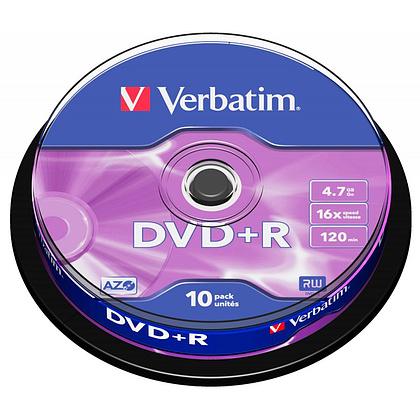 Диск Verbatim на шпинделе,  DVD+R, 4.7 гб, круглый бокс, 10 шт