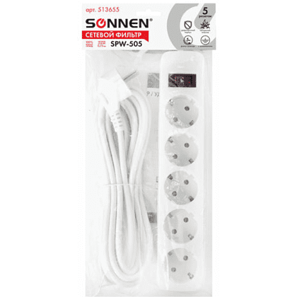 Сетевой фильтр Sonnen SPW-505, 5 м, 5 розеток, белый - 7