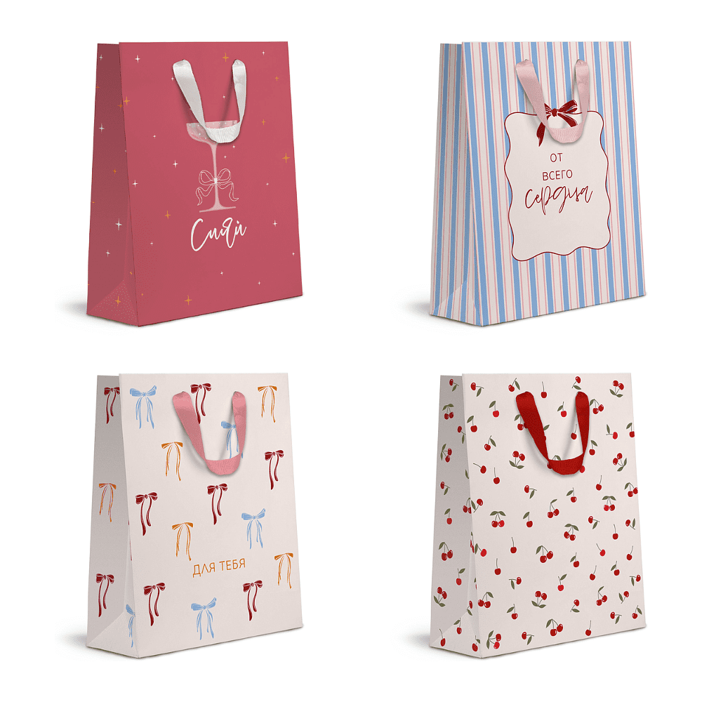 Пакет бумажный подарочный "Cherry Lady", 25.5х31.5х11 см, ассорти