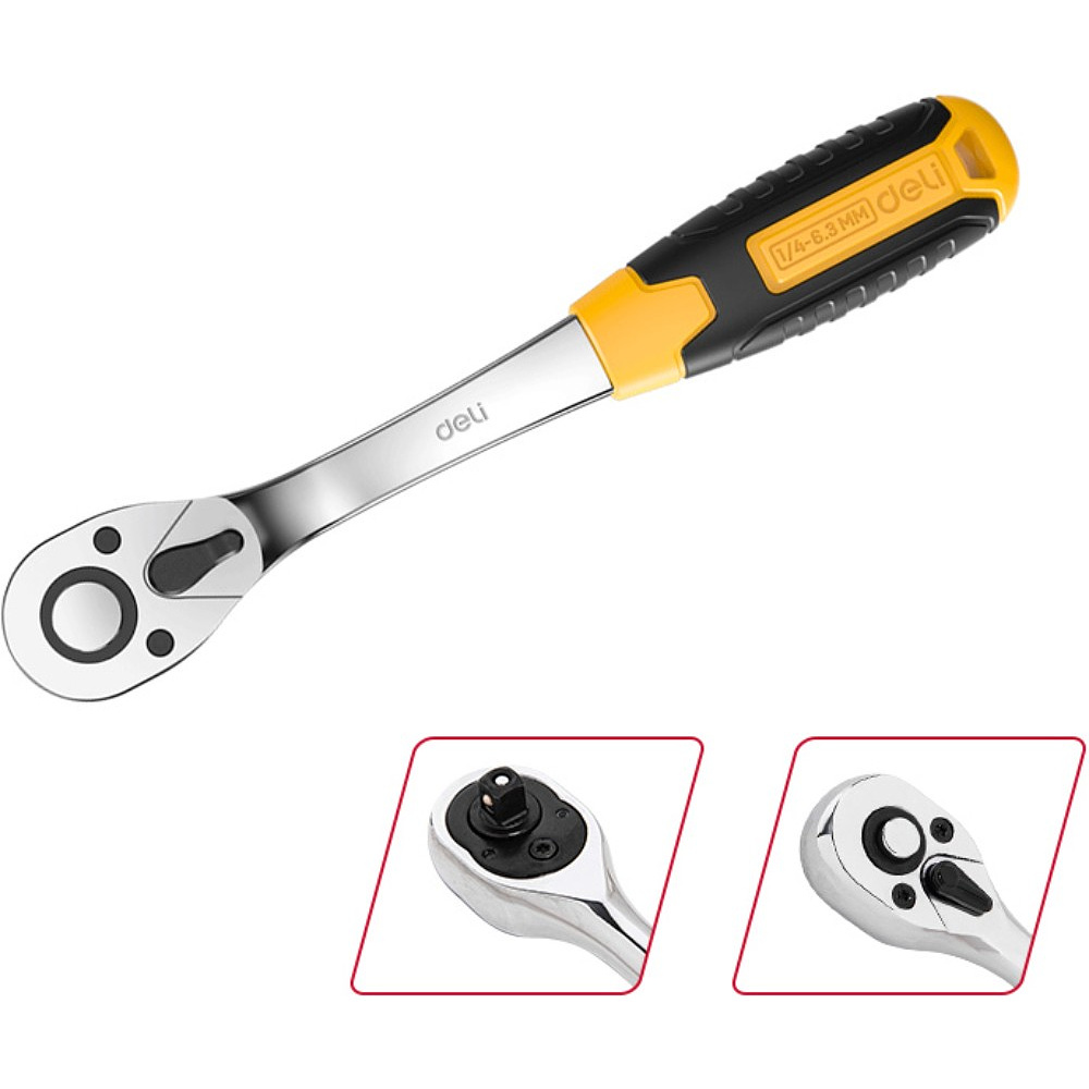 Ключ-трещотка Deli RS EDL2324 1/4", 150 мм, 72 зуба, черный, желтый - 2