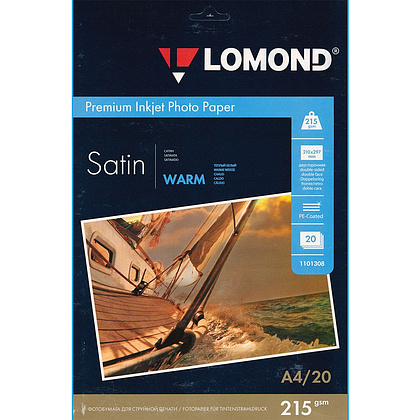 Фотобумага атласная тепло-белая (Сатин) для струйной фотопечати "Lomond", A4, 20 листов, 215 г/м2