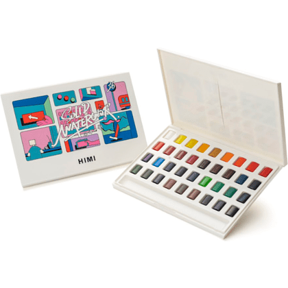 Набор для рисования акварелью "Himi New" (краски, 36 цветов, кисть, блок для акварели, карандаш 2 шт., лайнер, стакан для воды, ластик), белый футляр - 7