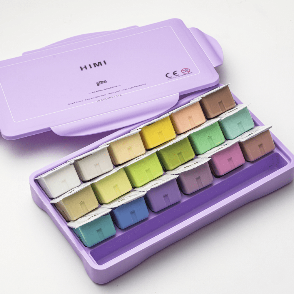 Краски гуашевые "Himi Jelly Cup. Pastel colors", 18 цветов, кювета, фиолетовый футляр