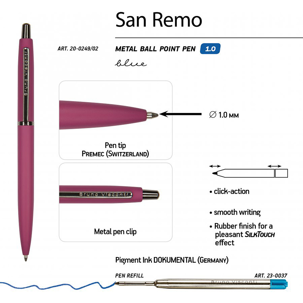 Ручка шариковая автоматическая "San Remo", 1.0 мм, бордовый, серебристый, стерж. синий - 3