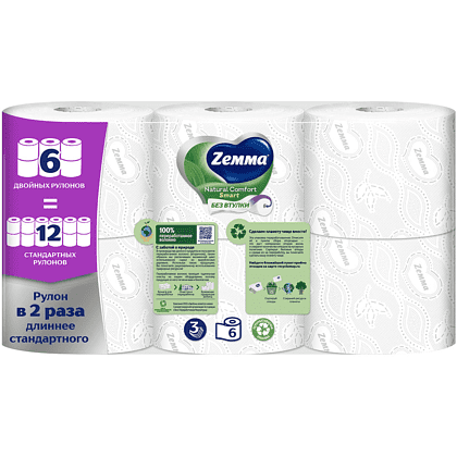 Бумага туалетная Zemma Natural Comfort Smart, 6 рулонов, 3 слоя, белый - 3