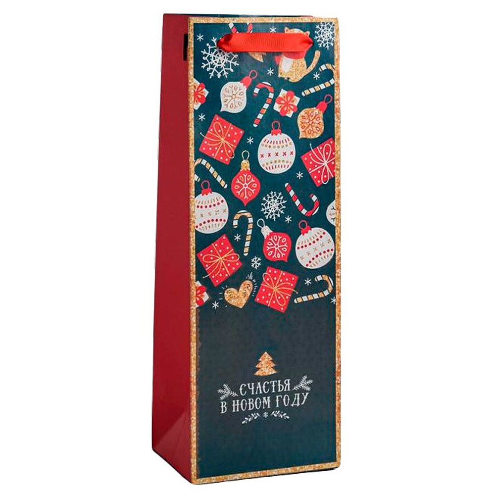Пакет бумажный подарочный для бутылки "Счастья в Новом году", 36x13x10 см, разноцветный