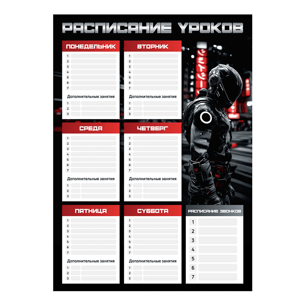 Расписание уроков "Гонщик в шлеме", А3, черный, красный