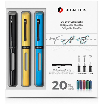 Набор "Sheaffer Calligraphy Mini Kit Black, Yellow, Blue": ручка перьевая, 3 шт. + перо, 3 шт. + 20 картриджей