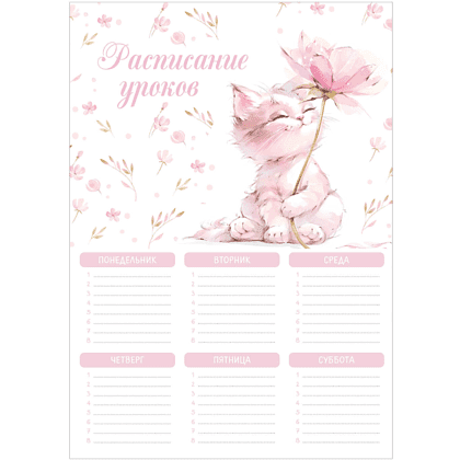 Расписание уроков "Кот с цветком", А4, белый, розовый
