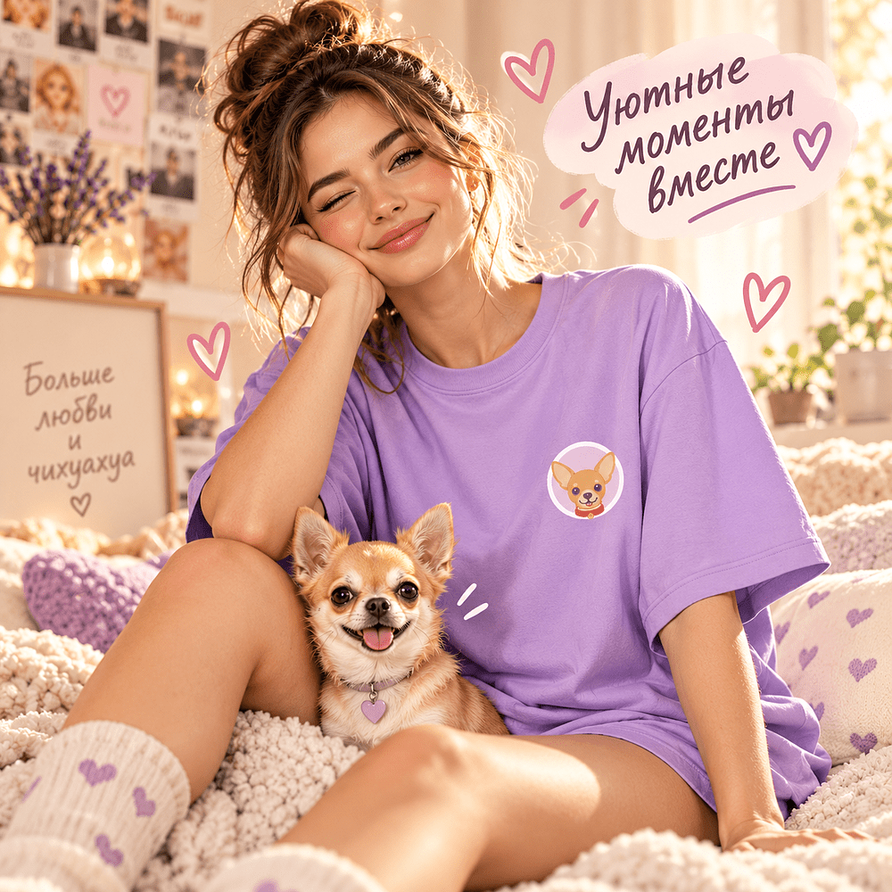 Футболка унисекс "Чихуахуа. Dog love club", XS-S, хлопок, оверсайз, лавандовый - 2