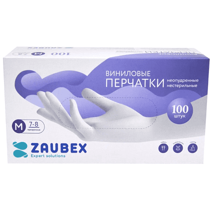Перчатки виниловые Zaubex, одноразовые, р-р M, 100 шт/уп, прозрачный, -30%