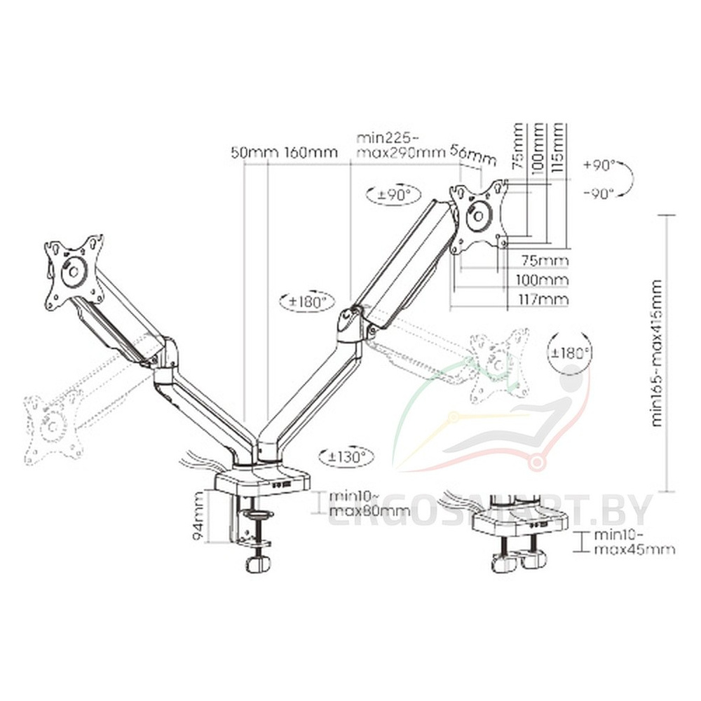 Крепление для 2-ух мониторов Power Black DBL, черный - 10
