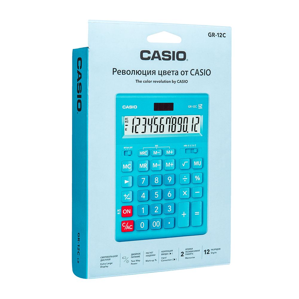 Калькулятор настольный Casio "GR-12", 12-разрядный, голубой