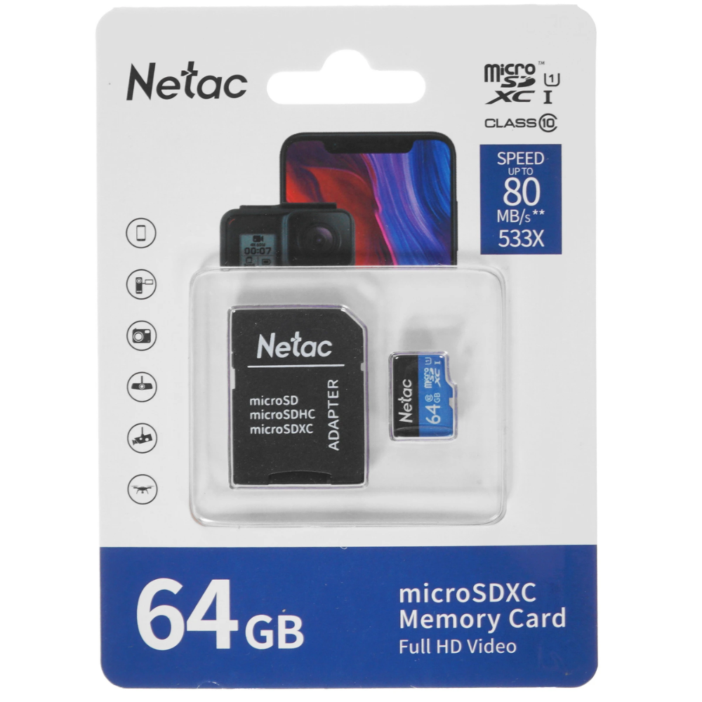 Карта памяти MicroSDXC "Netac P500 Standard", 64GB, U1/C10, с адаптером