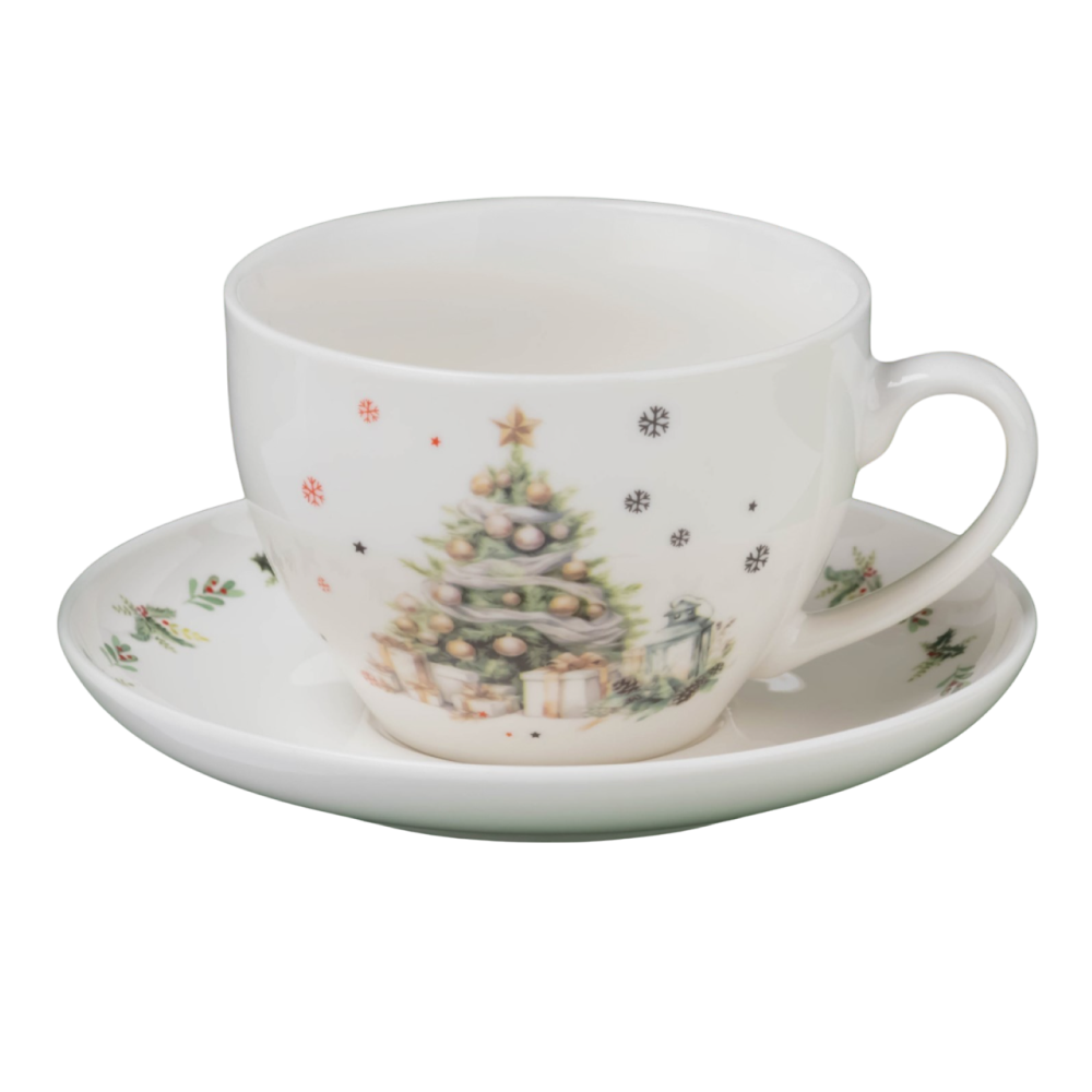 Чашка с блюдцем "Ель", фарфор, 210 мл, белый