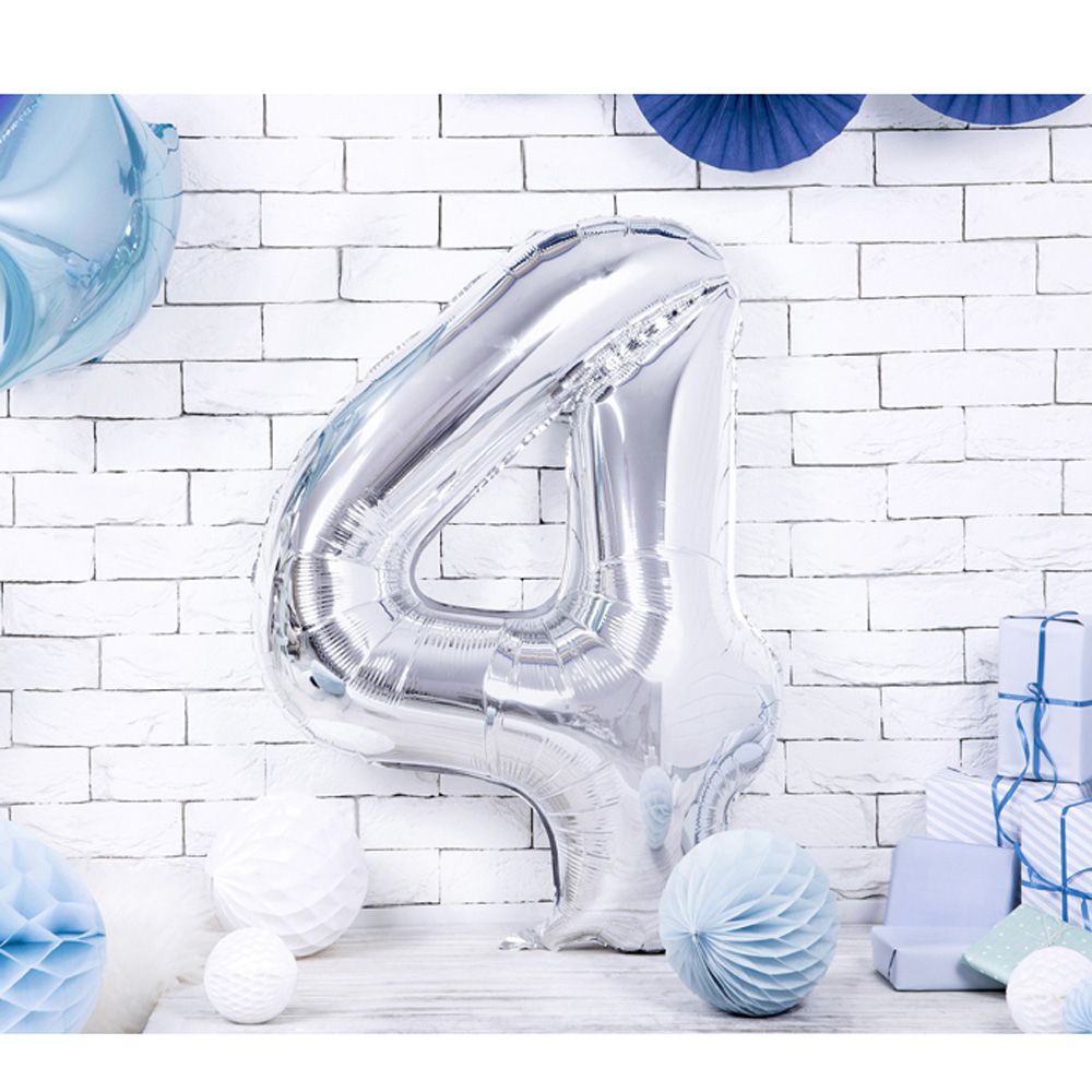 Шар фольгированный цифра "4", серебристый