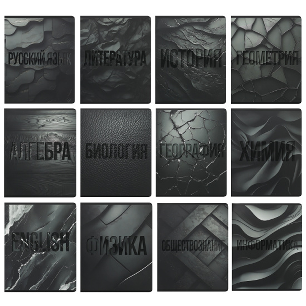 Набор тетрадей предметных "Black textures", А5, 48 листов, клетка, линейка, ассорти, 12 школьных предметов