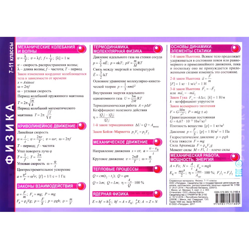 Справочные материалы "Физика. 7-11 классы", формат А5
