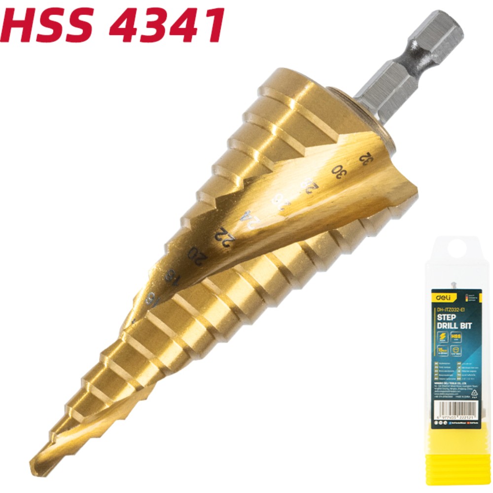Сверло ступенчатое Deli YS EDH-JTZ032-E1, 4-32 мм, TiN, титановое покрытие