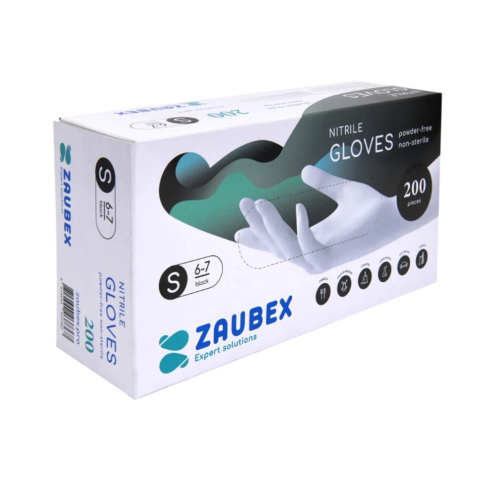 Перчатки нитриловые неопудренные Zaubex, одноразовые, р-р S 200 шт./уп. черный