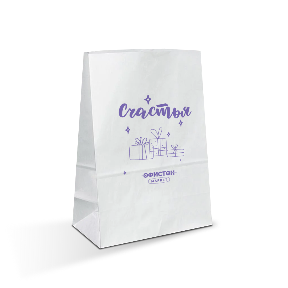 Пакет бумажный "Офистон Маркет. Счастье", 22x29x12 см, белый
