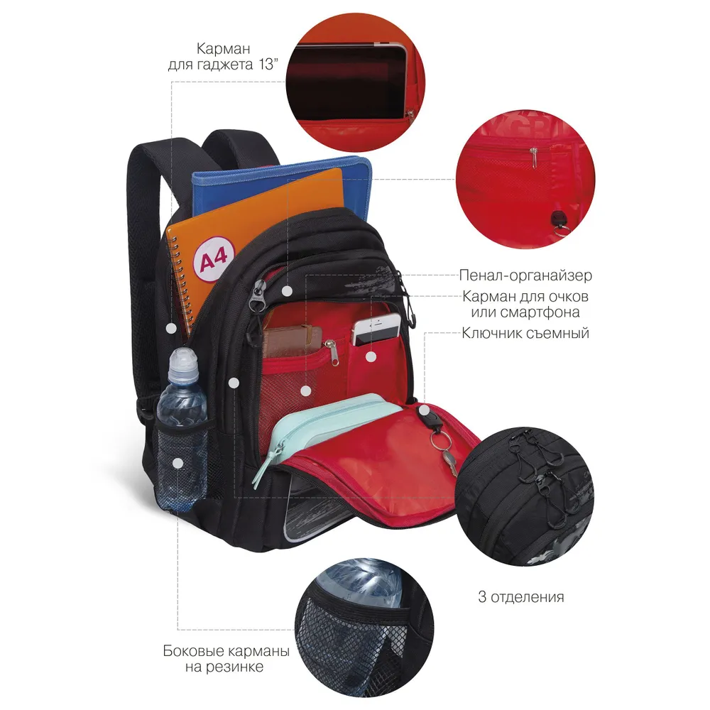 Рюкзак школьный "Greezly" с карманом для ноутбука, черный, серый - 3