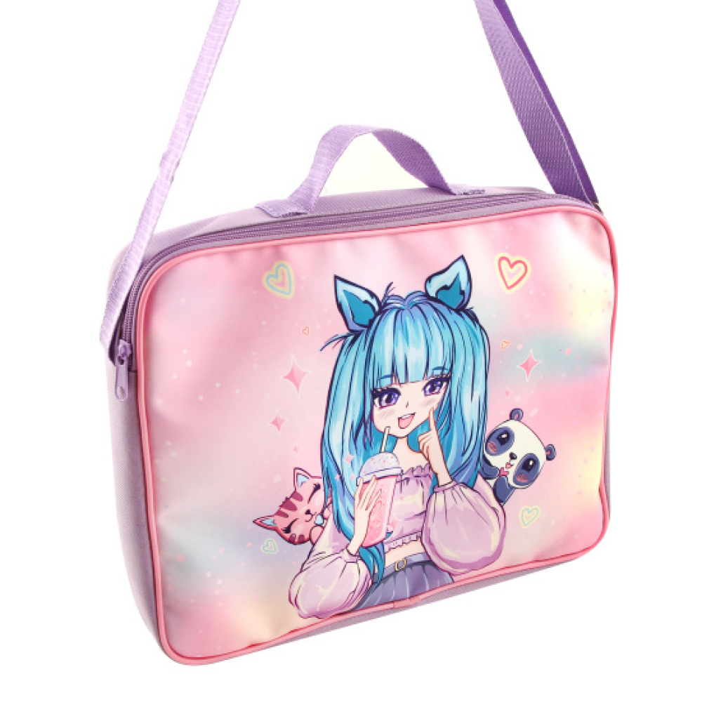 Папка для тетрадей "Anime Girl", А4, с ручками, на молнии, ткань, розовый